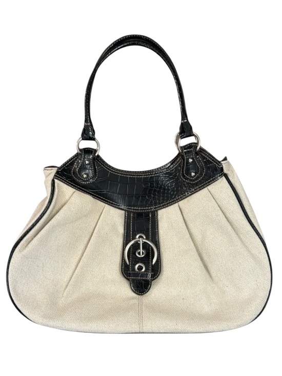 Nine West Handbags - Nine West Y2K Ivory Woven Shoulder Bag Black Croc Patent Silver Buckle
